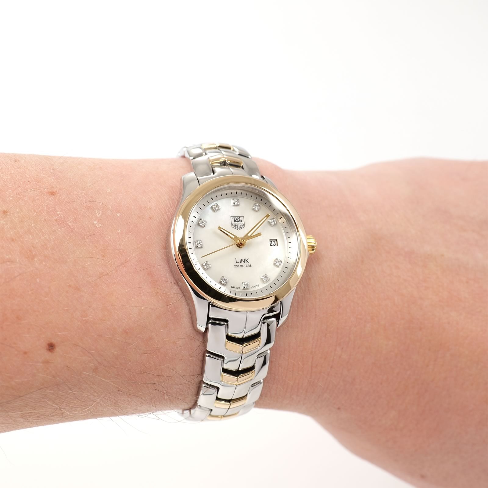 TAG Heuer Link WJF1353 White Mother of Pearl Dial 18k Gold bezel on the wrist