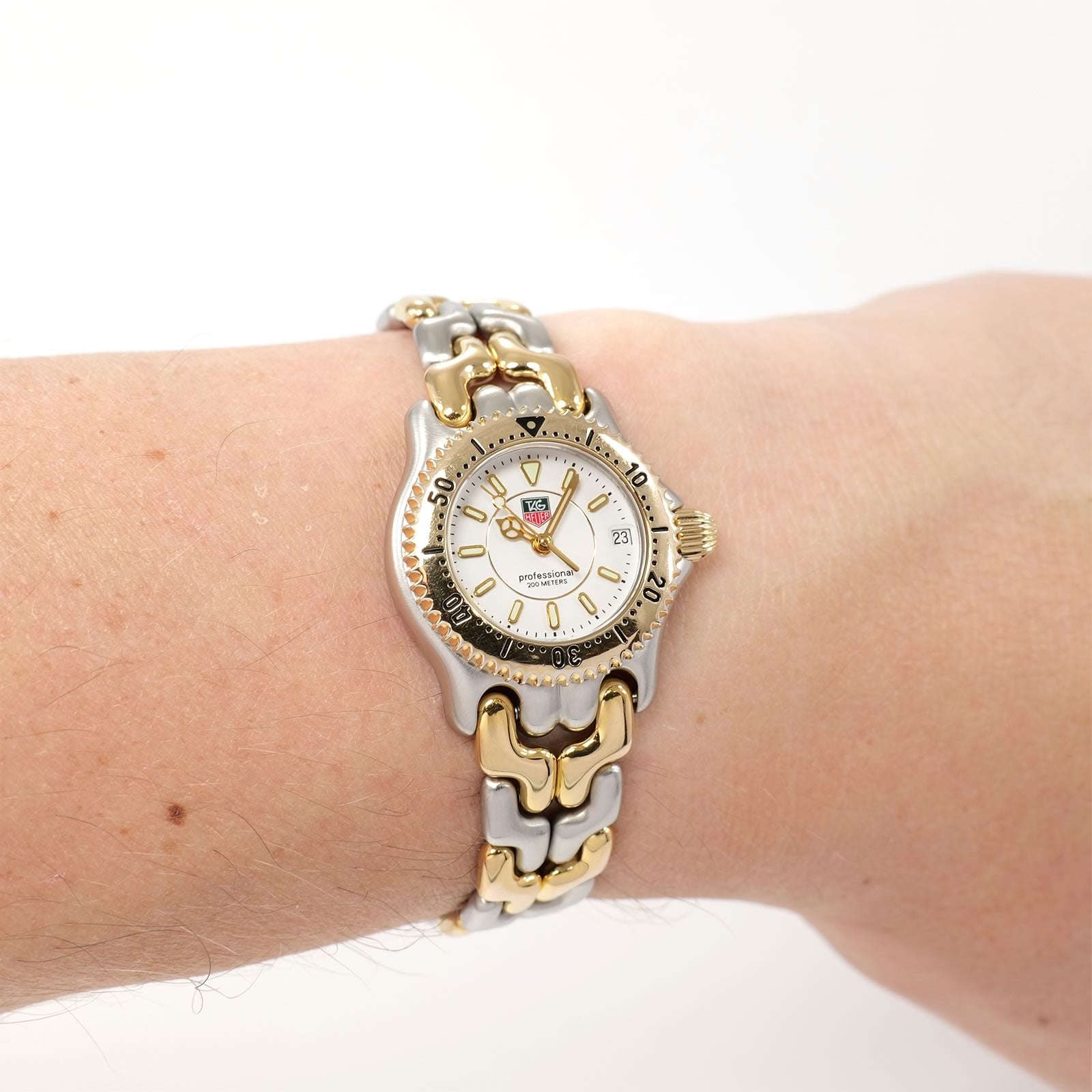 TAG Heuer SEL WG1422-0 White Dial 18k Gold Plated bezel on the wrist