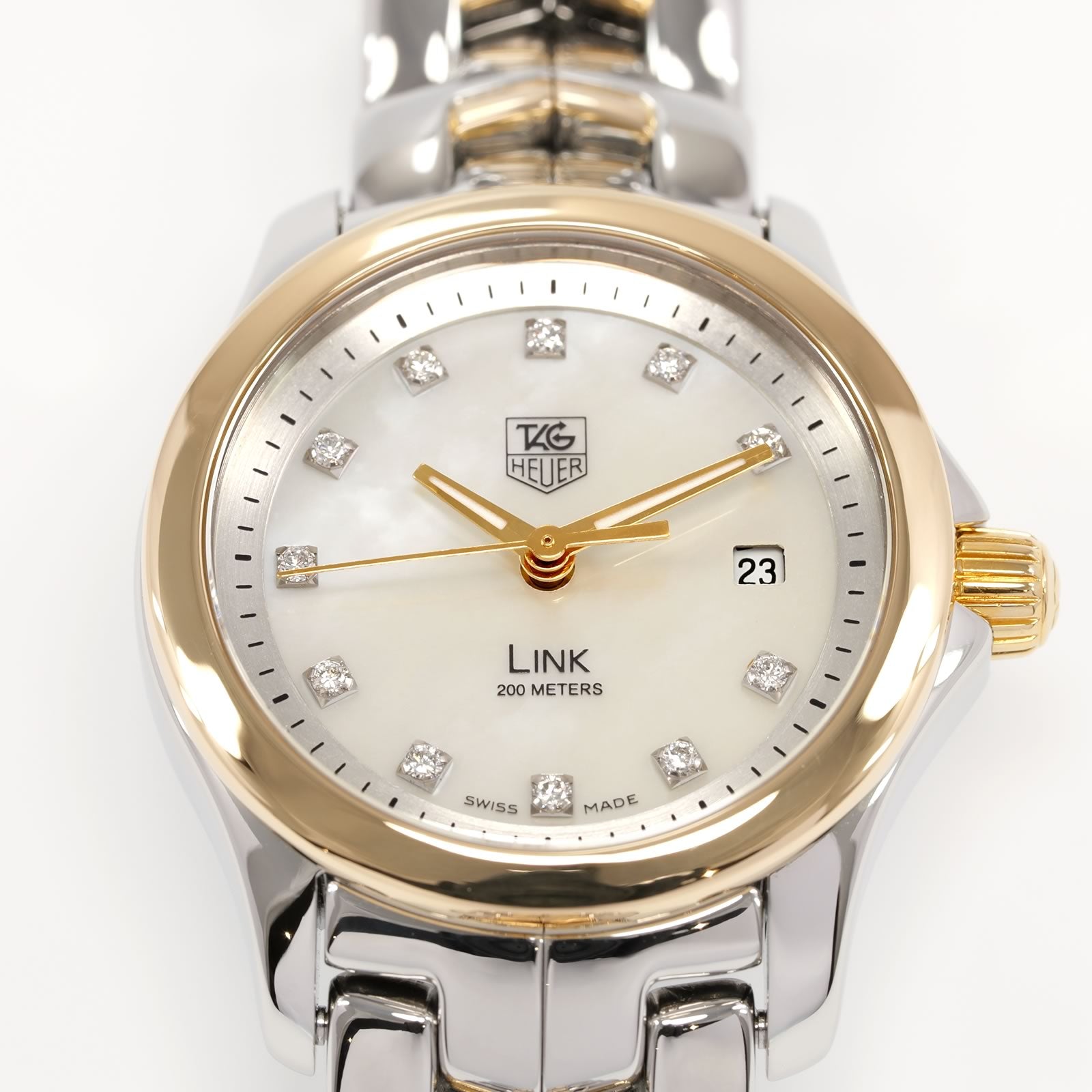TAG Heuer Link WJF1353 White Mother of Pearl Dial with diamond markers close up