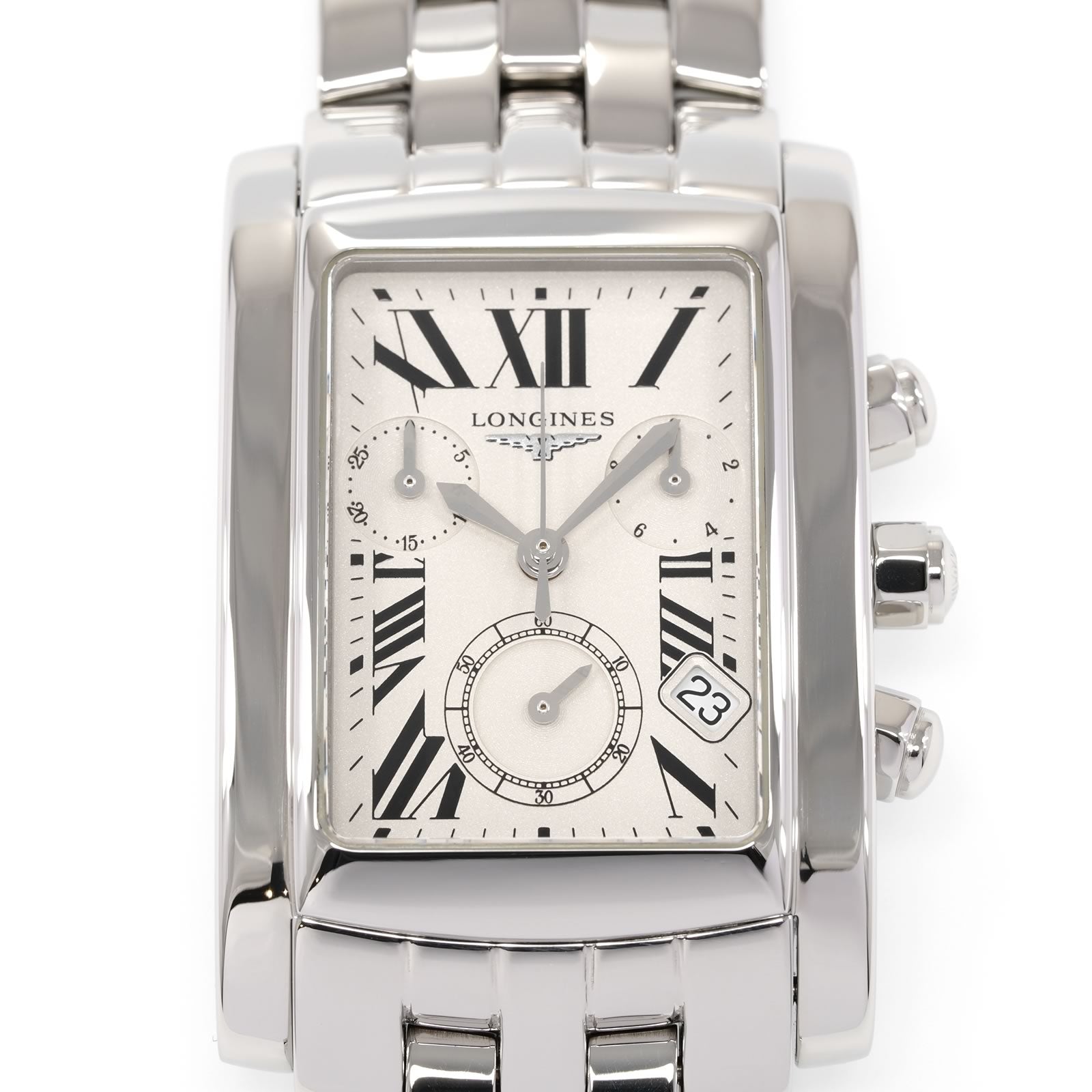 Longines DolceVita L5.656.4 silver dial with black roman numeral markers close up