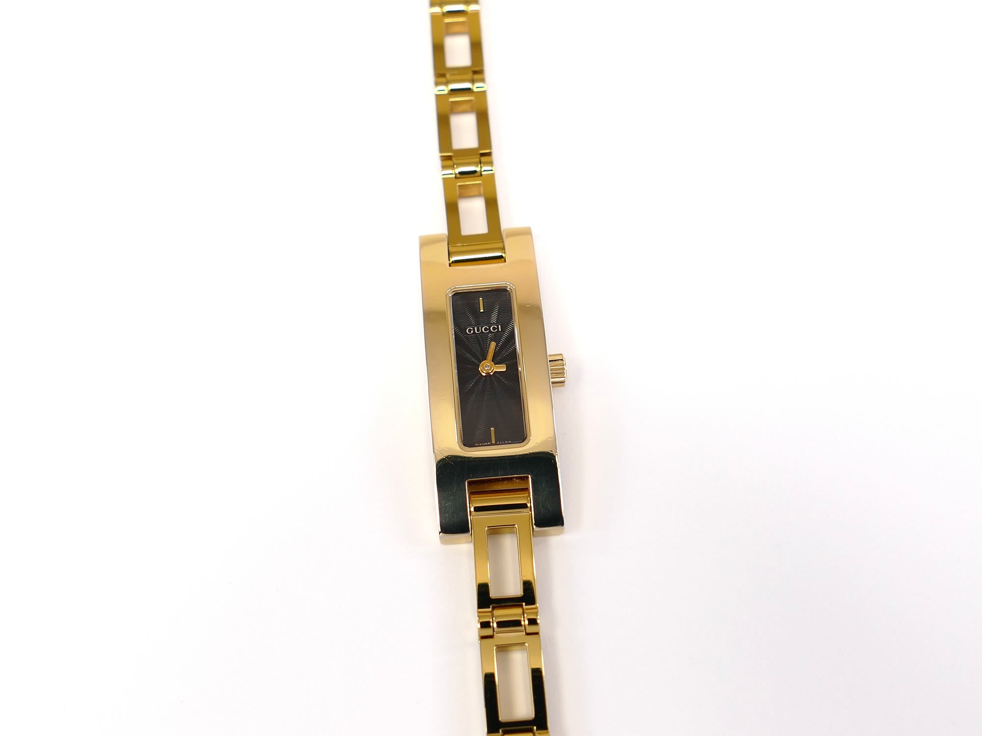 Gucci 3900L Black Guilloche Dial Gold Bracelet Watch Rectangular
