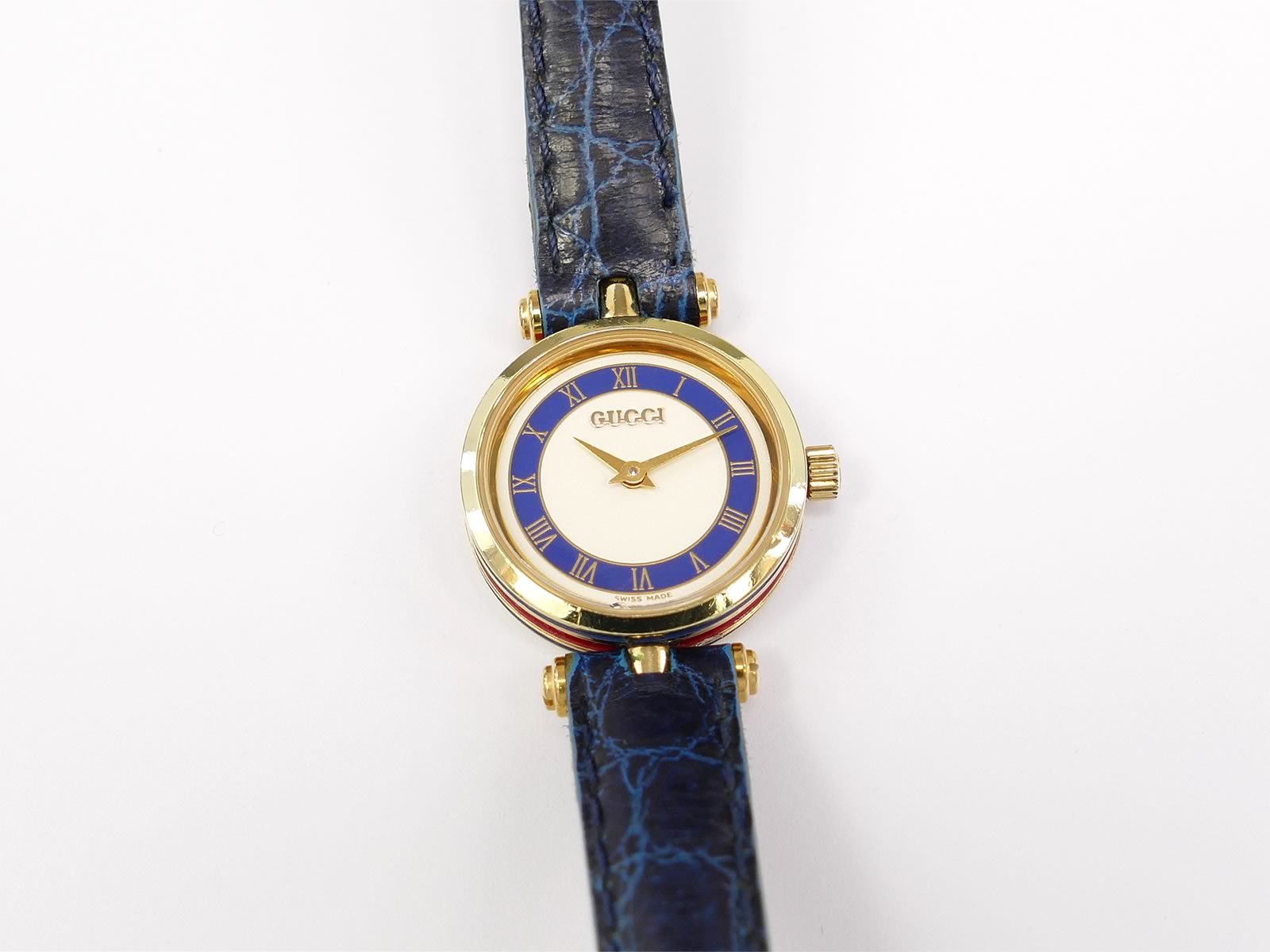 Gucci 2000L White & Blue Roman Numeral Dial 18k Gold Plated 