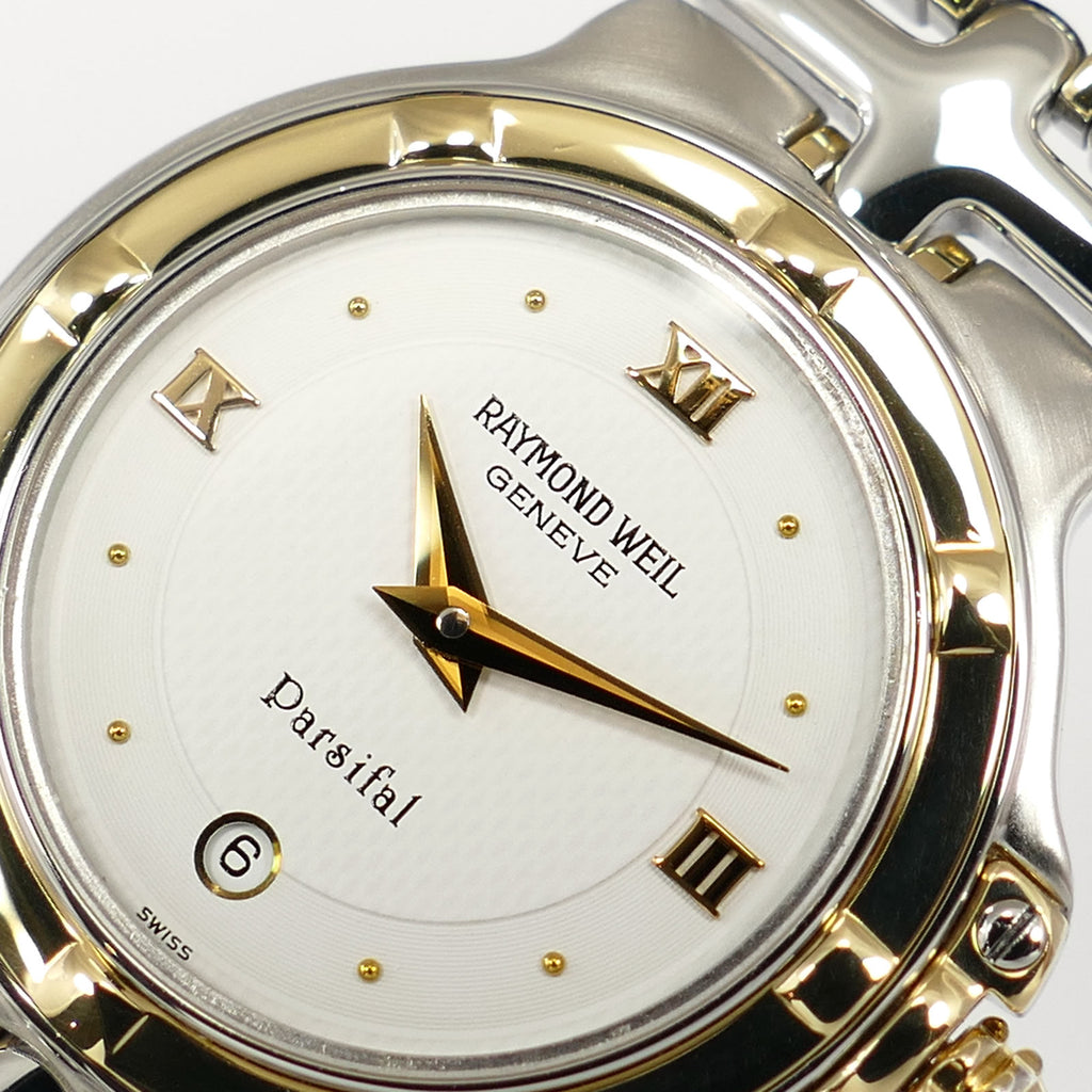 Raymond Weil Parsifal 9990 White guilloche dial logo close up
