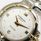 Raymond Weil Parsifal 9990 White guilloche dial logo close up