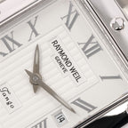 Raymond Weil Tango 5381 Silver guilloche dial logo close up