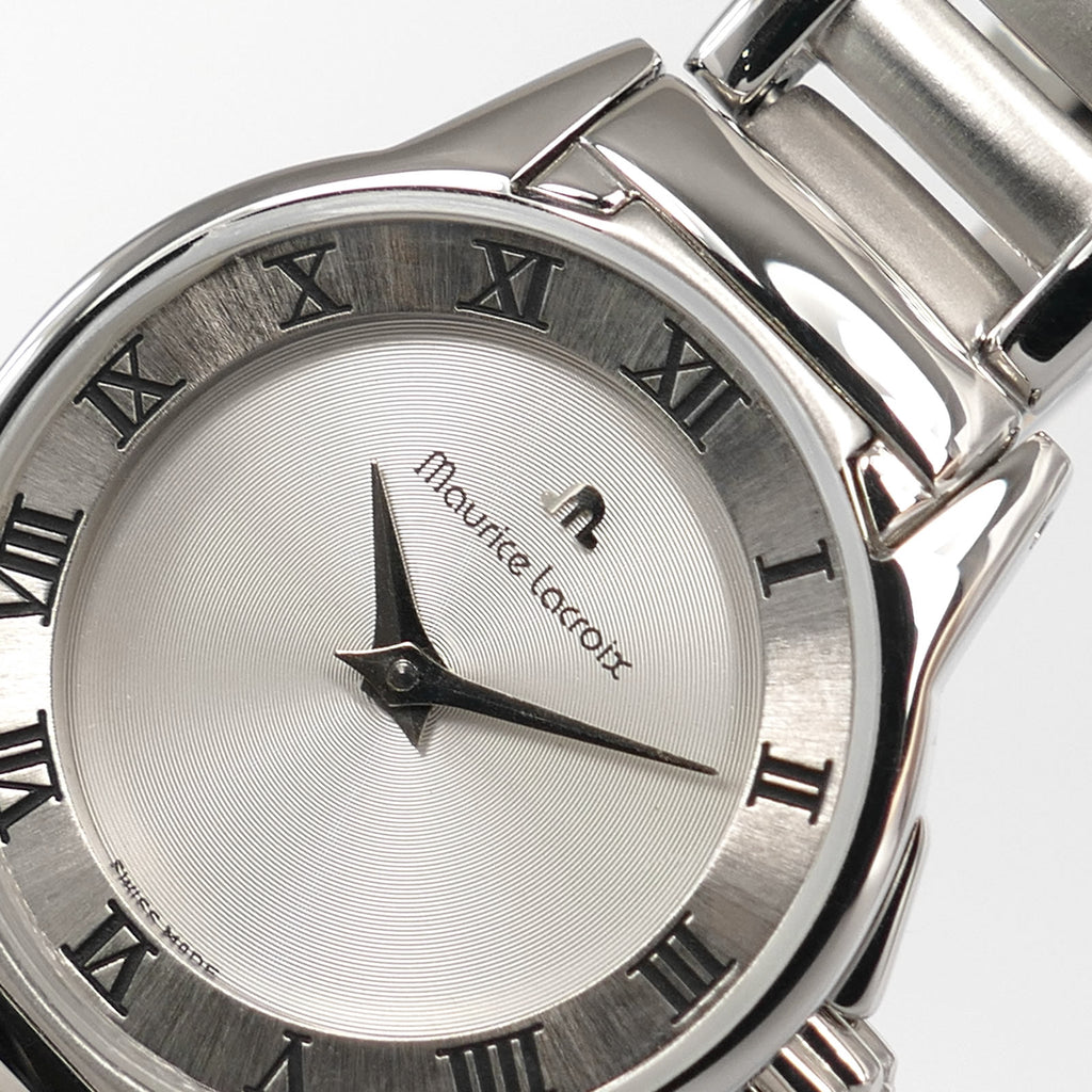 Maurice Lacroix Miros 59749 Silver Circular Grooved Dial and logo close up