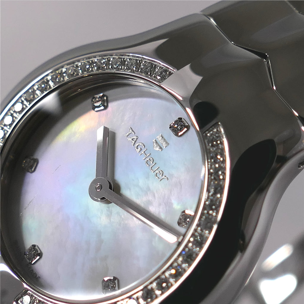 TAG Heuer Alter Ego WAA1416 Iridescent Mother of Pearl dial and logo close up
