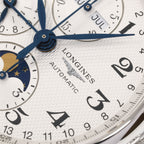 Longines Master Chronograph L2.673.4 dial logo close up