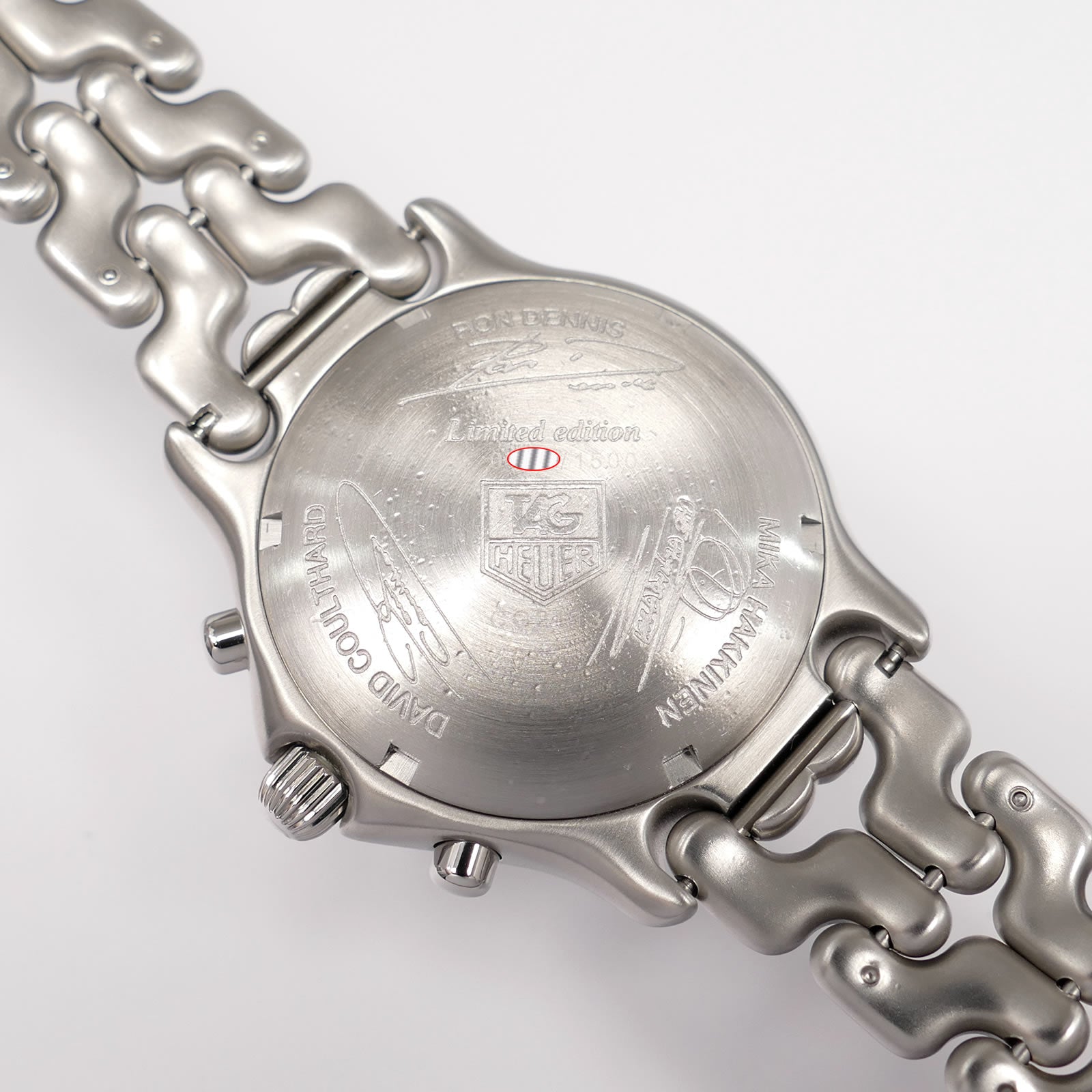 TAG Heuer SEL CG2113 stainless steel screw down case back Ron Dennis David Coulthard and Mika Hakkinen signatures
