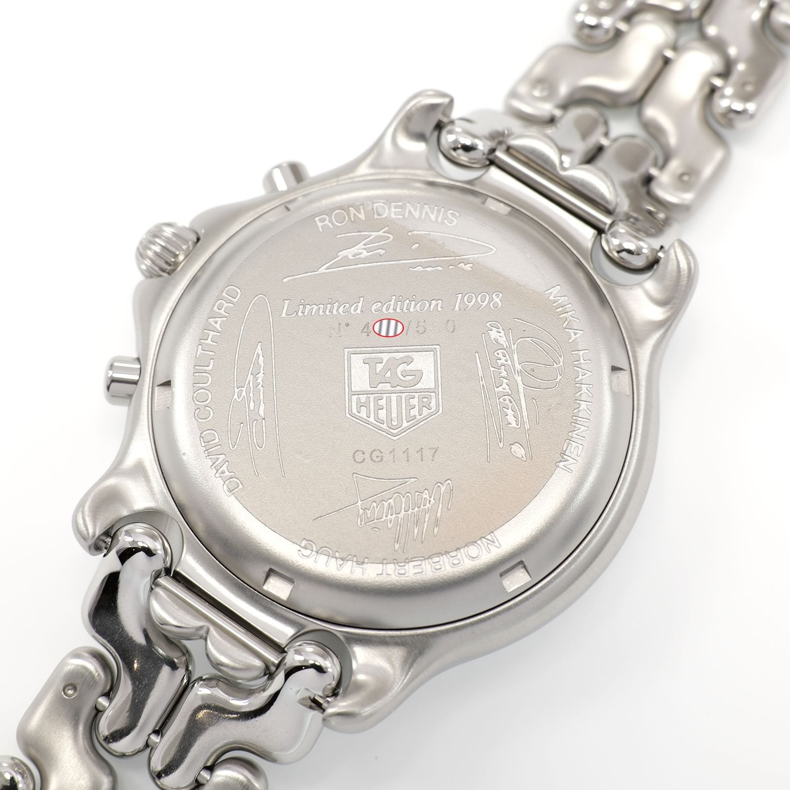 TAG Heuer SEL CG1117 stainless steel screw down case back Ron Dennis David Coulthard Mika Hakkinen and Norbert Haug signatures