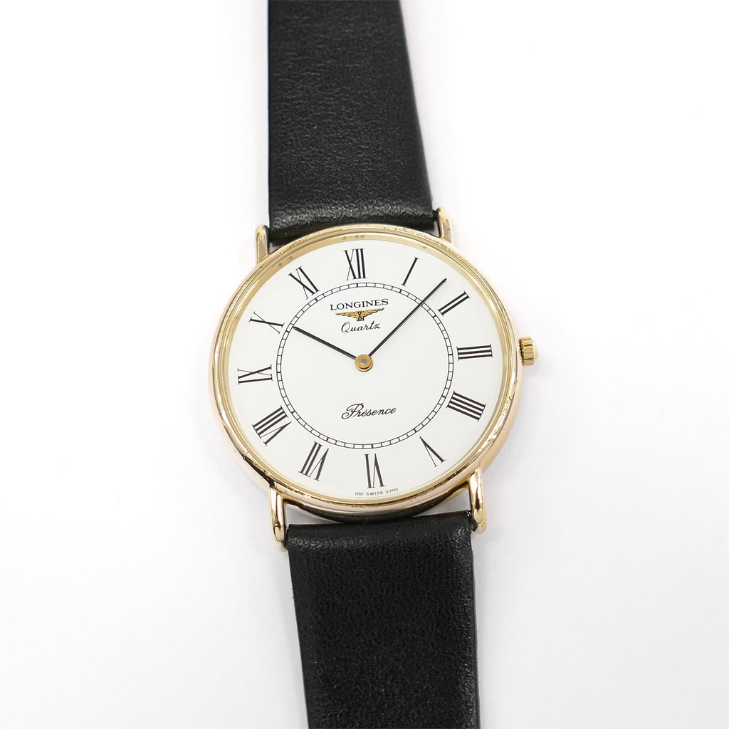 Longines Présence Men's 32mm 18k Gold Plated White Roman Numeral Dial on Leather 150.6799