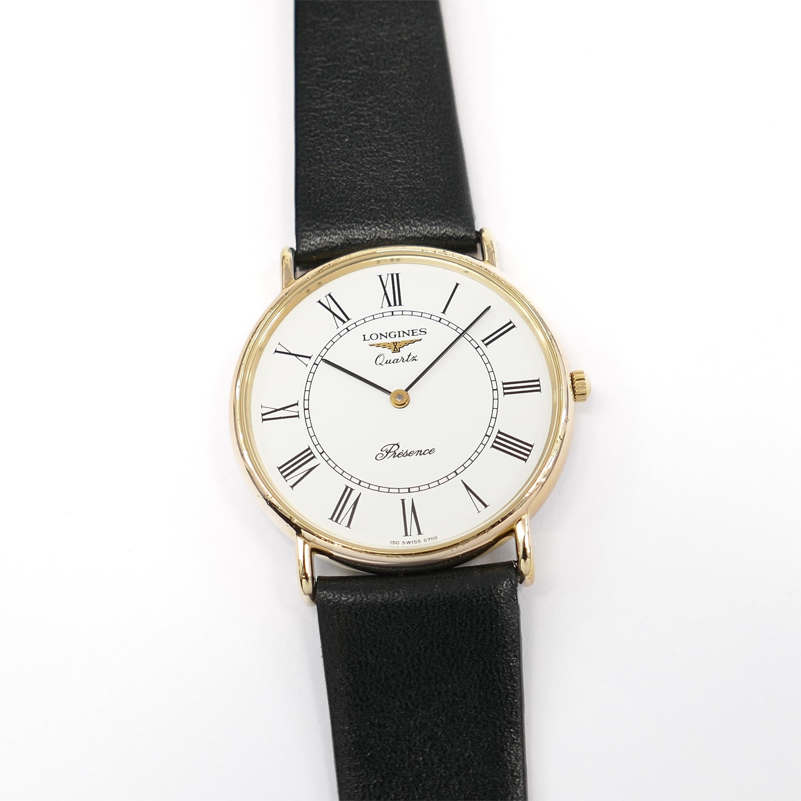 Longines Présence Men's 32mm 18k Gold Plated White Roman Numeral Dial on Leather 150.6799