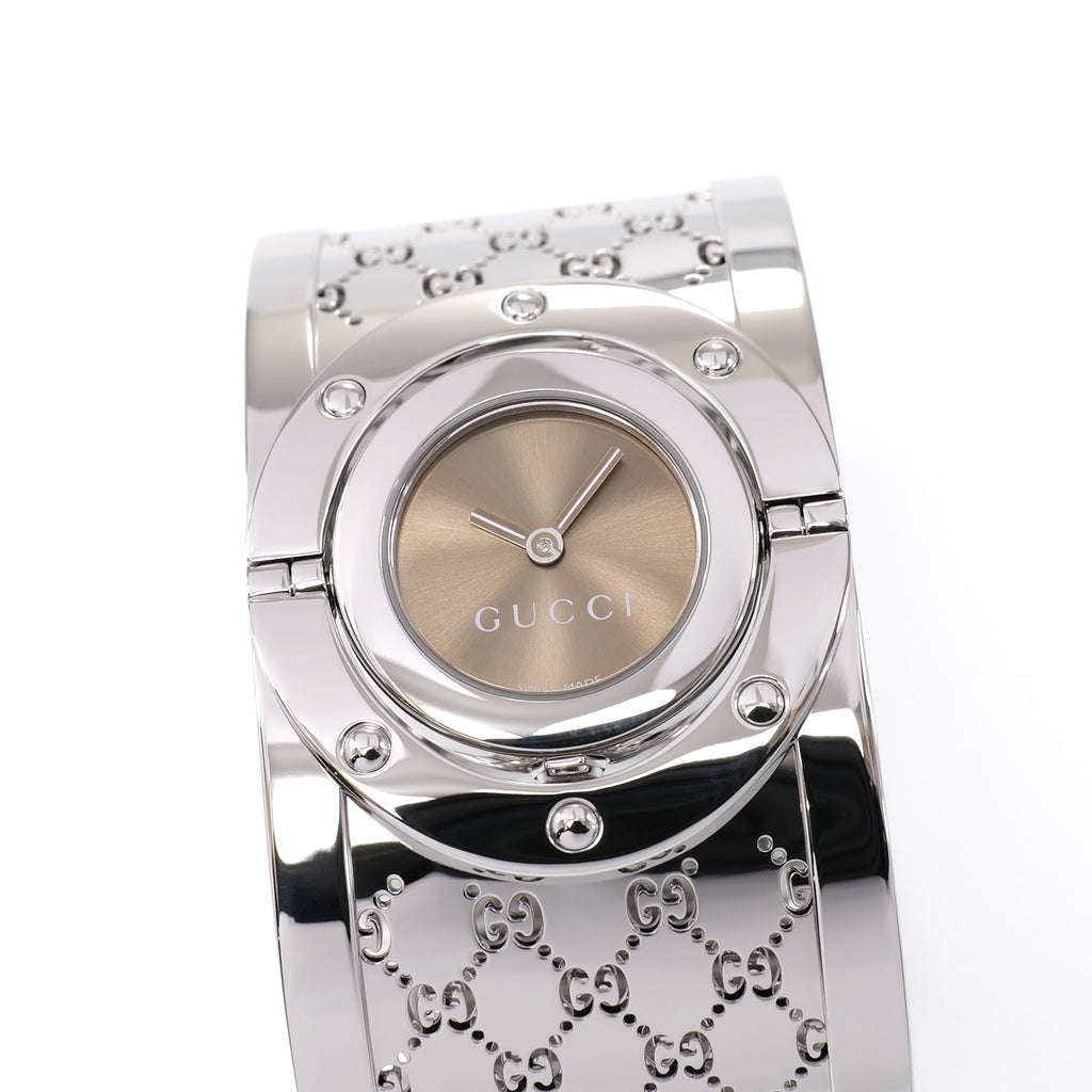 Gucci Twirl 112 Ladies 33mm Brown Sunburst Dial Wide Steel Bangle YA112401