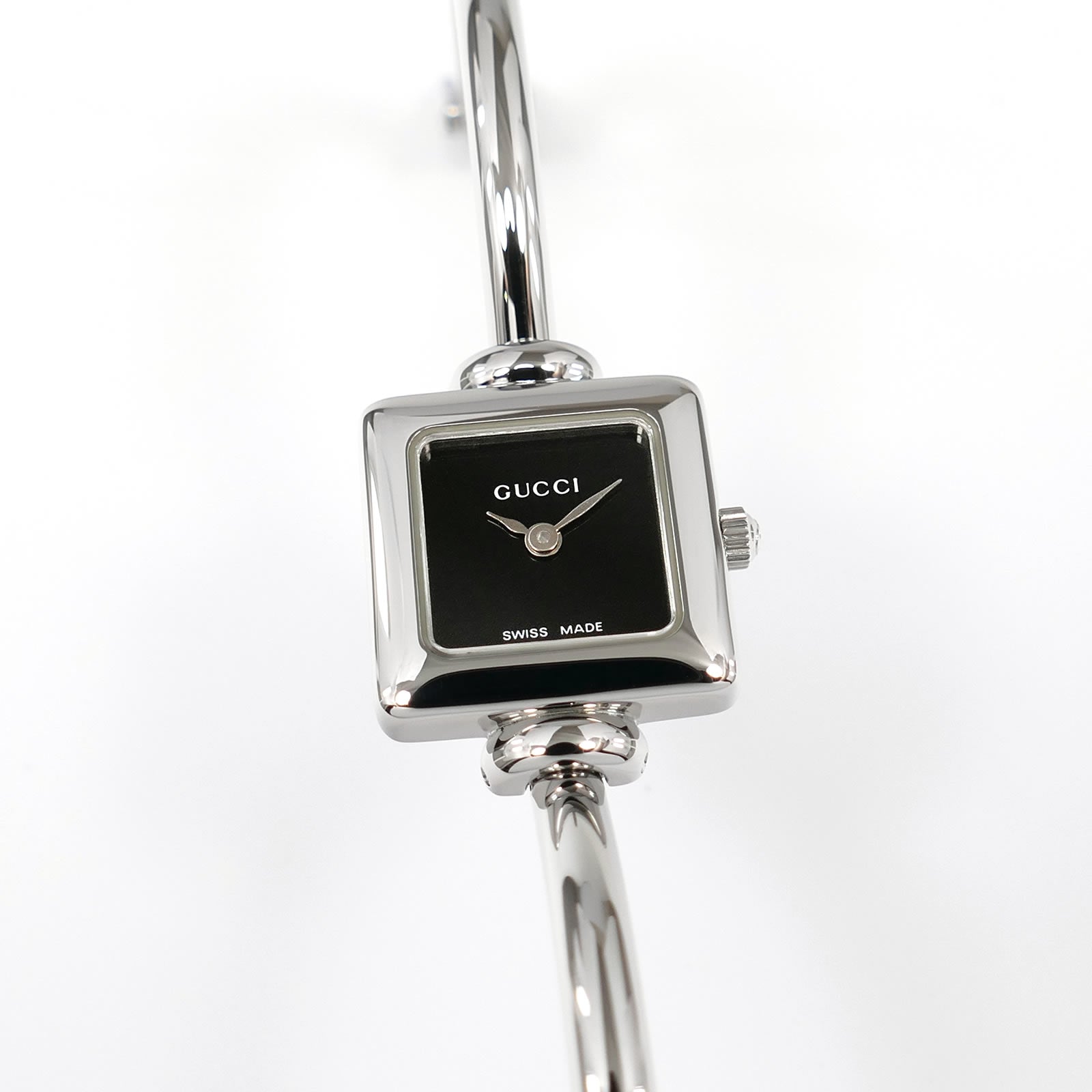 Gucci 1900L Black Dial Ladies 19mm Square Watch on 16.5cm Bangle Stainless Steel