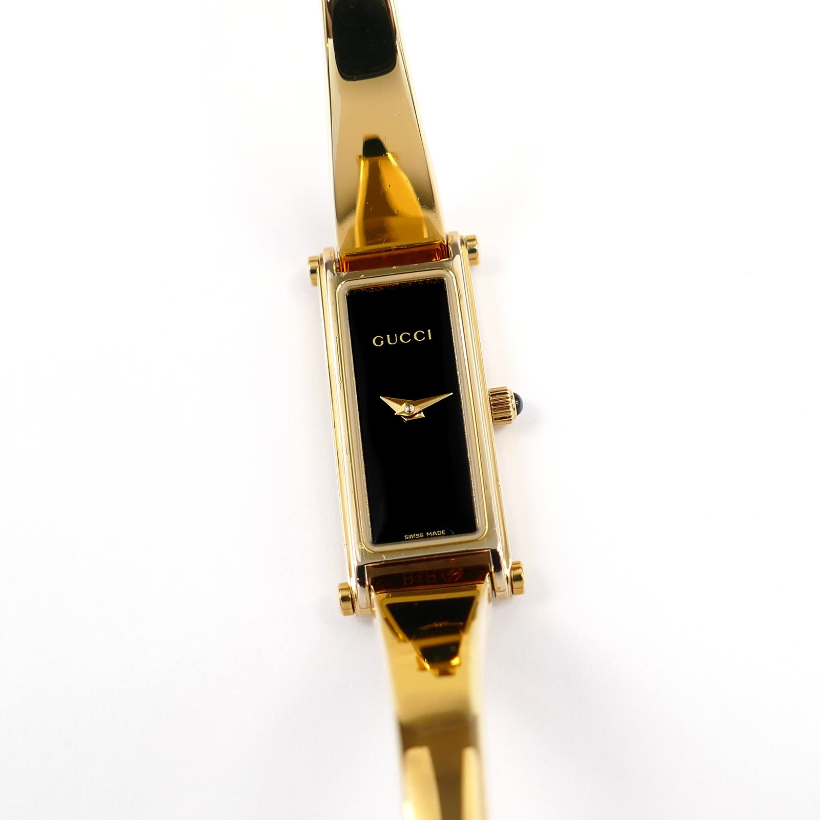 Gucci 1500L Black Dial 18k Gold Plated Bangle Ladies 12mm Rectangular Watch