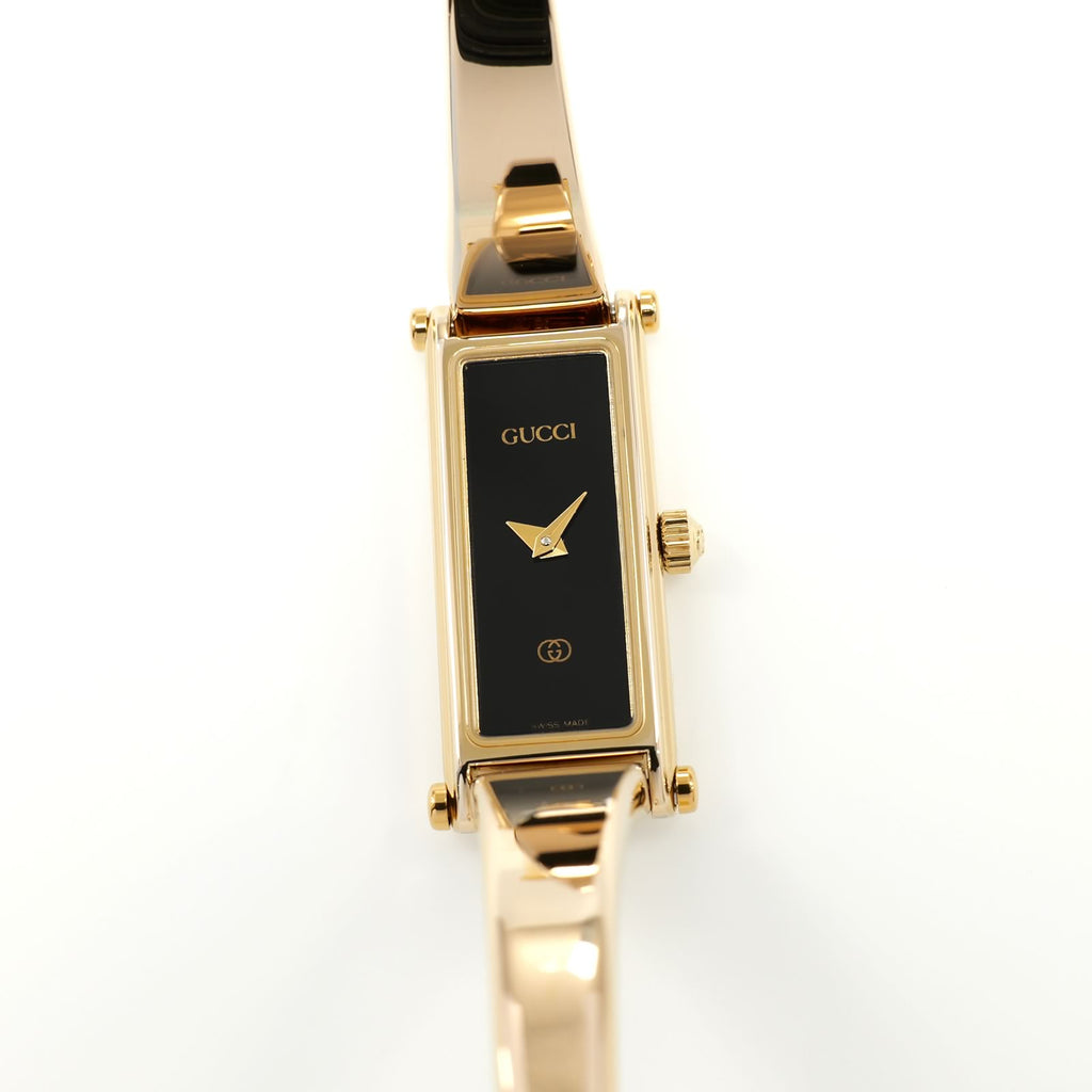 Gucci 1500L Ladies 12mm Black Dial on 18k Gold Plated Bangle Rectangular 1500