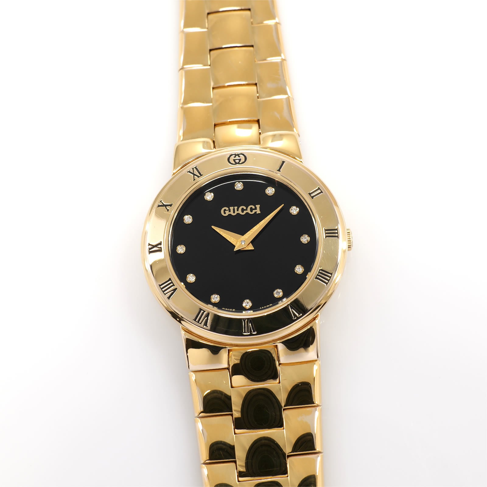 Gucci 3300L Black Dial 18k Gold Plated Ladies 25mm with Diamonds