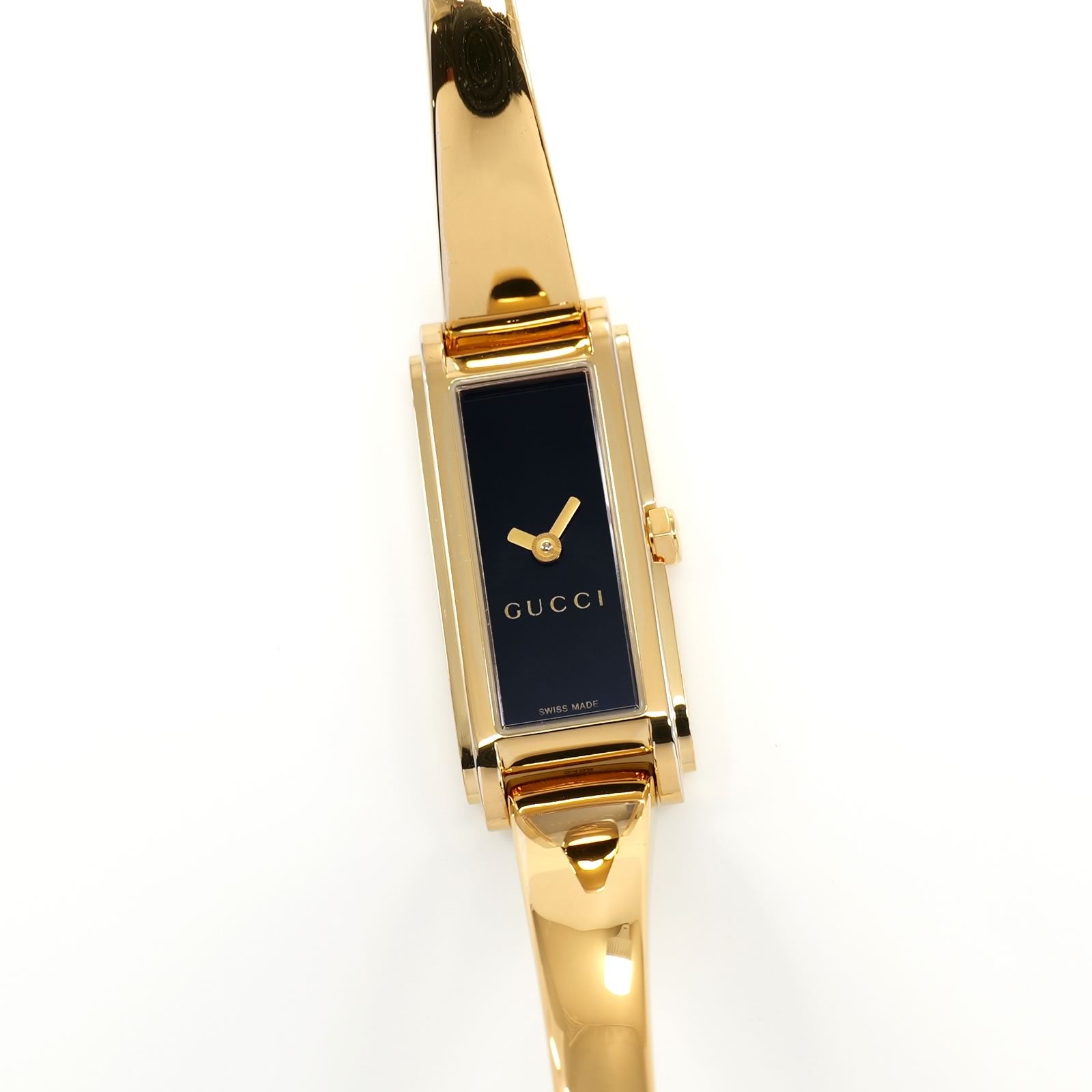 Gucci G-Line 109 Black Sunburst Dial 18k Gold Plated Bangle YA109524 Ladies 14mm