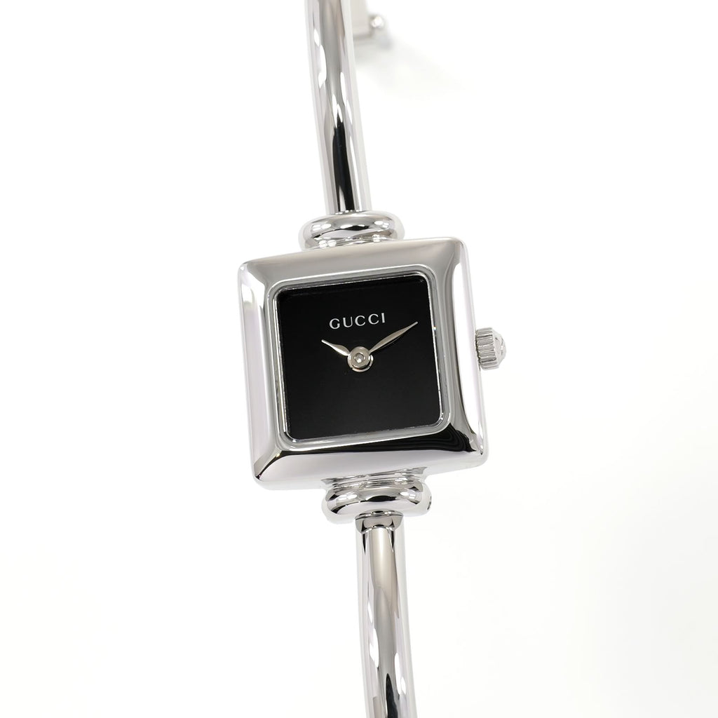 Gucci 1900L Black Dial Ladies 19mm Square Watch on 16.5cm Bangle Stainless Steel