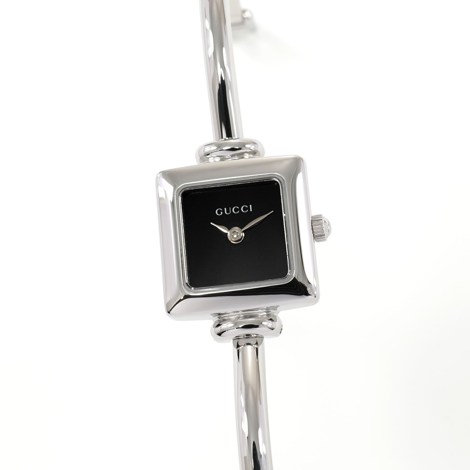 Gucci 1900L Black Dial Ladies 19mm Square Watch on 16.5cm Bangle Stainless Steel