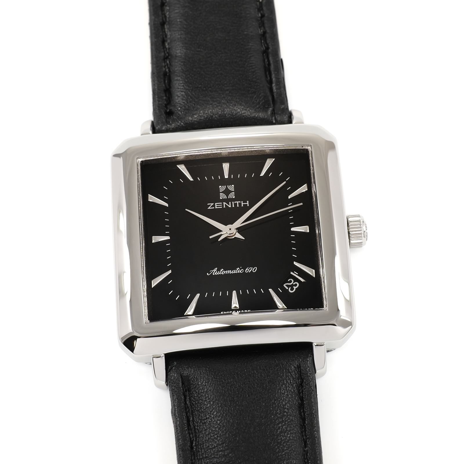 Zenith Elite 670 Automatic Black Dial 33mm Square 90/01.0100.670 Date on Leather