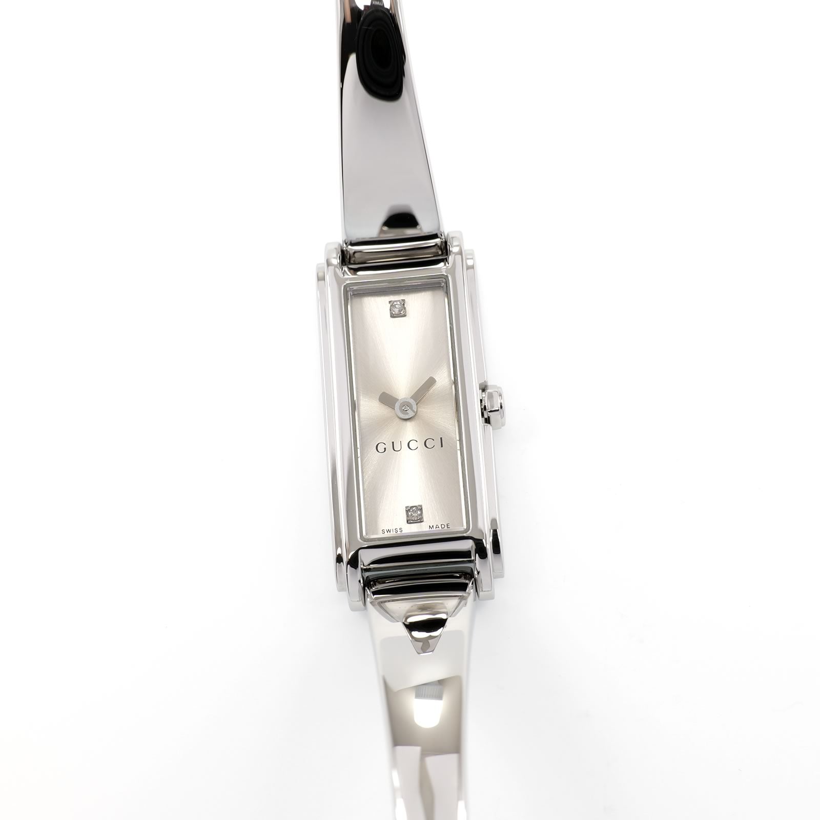 Gucci G-Line 109 Silver Sunburst Dial 2 Diamonds YA109519 Ladies 14mm Bangle