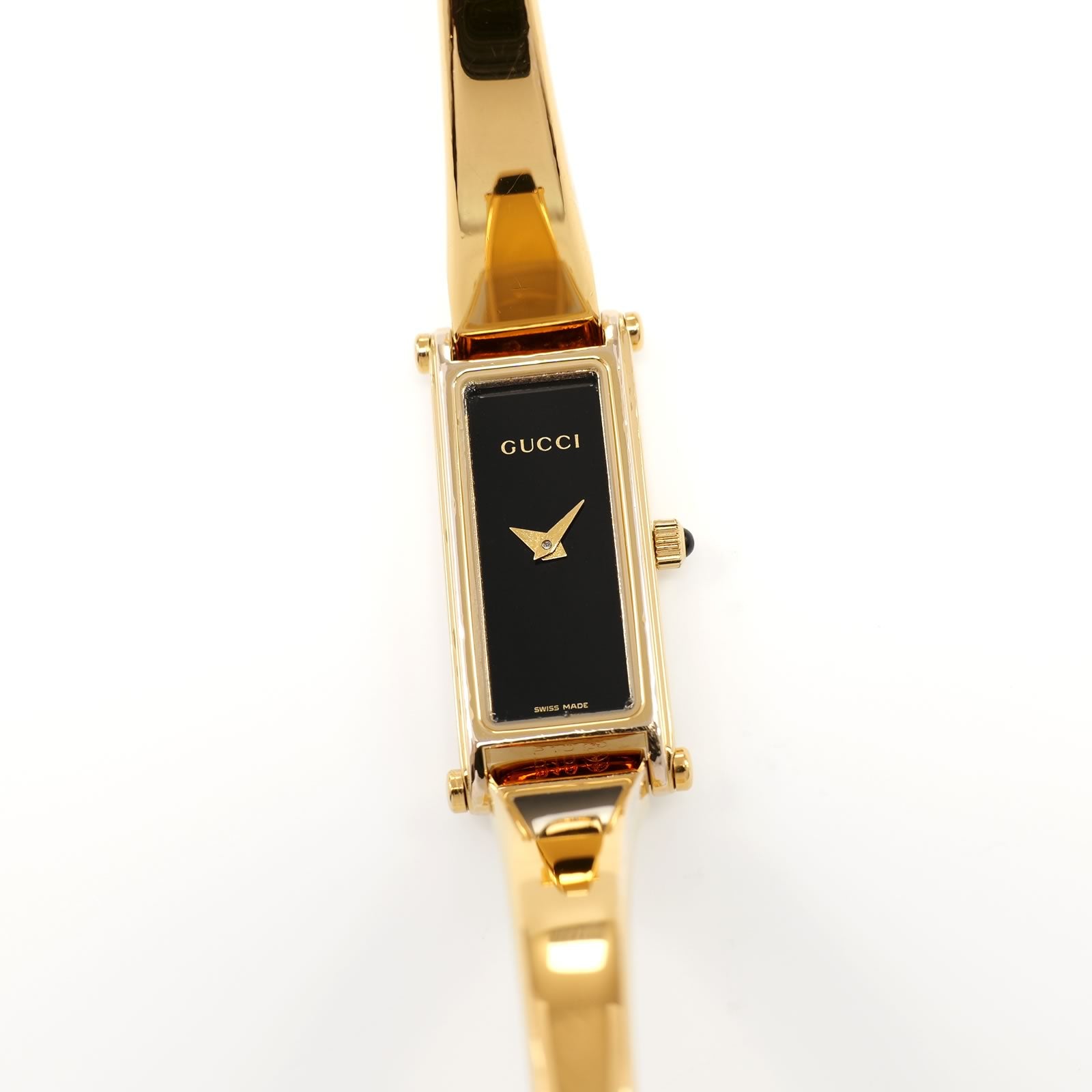 Gucci 1500L Black Dial 18k Gold Plated Bangle Ladies 12mm Rectangular 1500