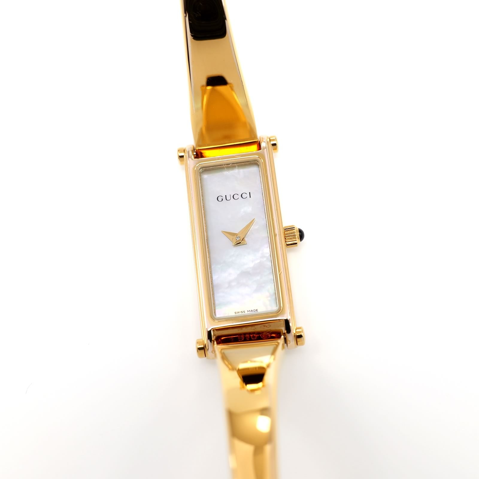 Gucci 1500L White Mother of Pearl Rectangular Dial 18k Gold Plated 16.5cm Bangle