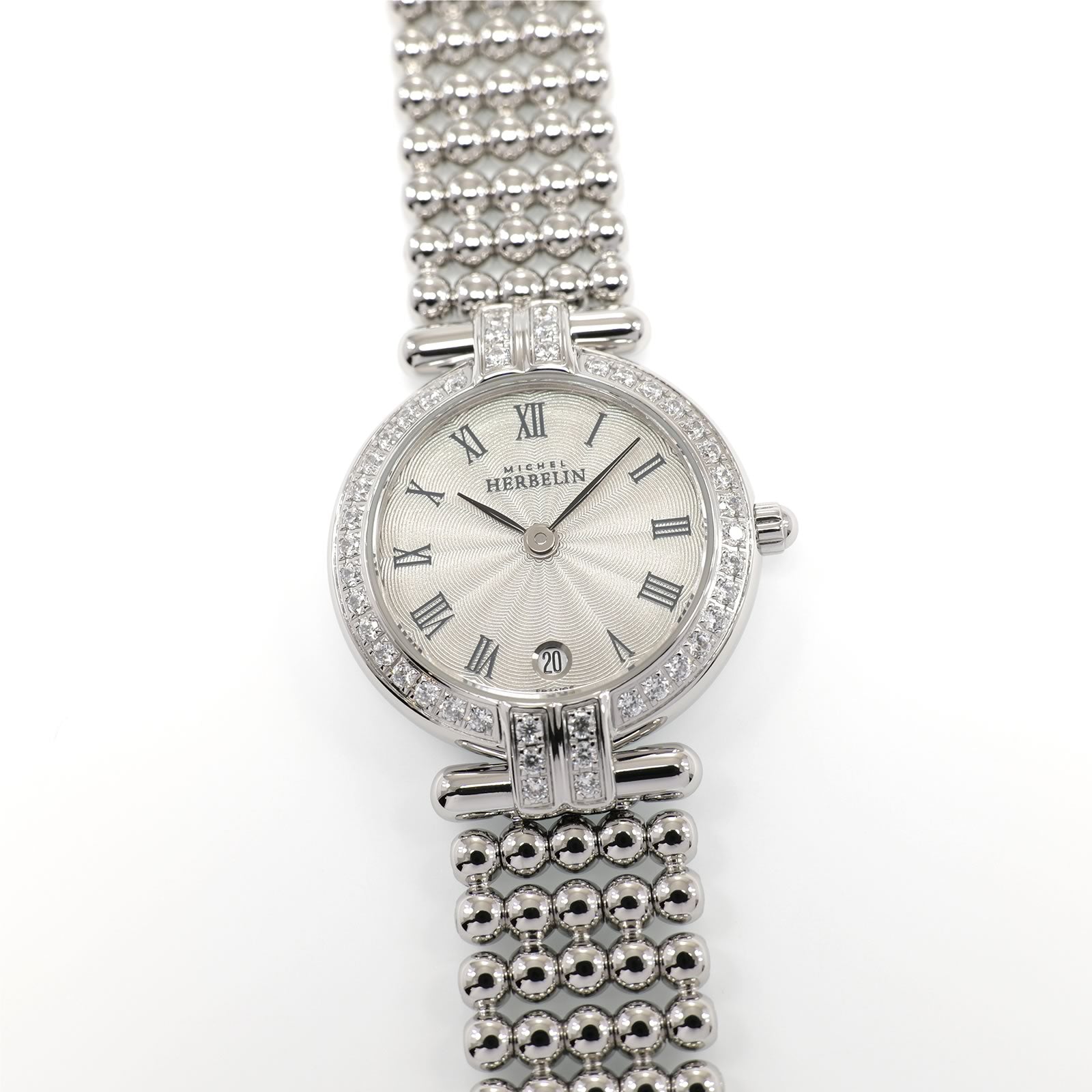 Michel Herbelin Perles 16873.B Silver Guilloche Dial 44 Diamonds Date 16873/44