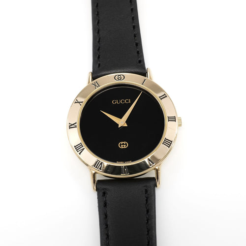 Gucci 3000M Men's 33mm Black Dial 18k Gold Plated Roman Numeral Bezel on Leather