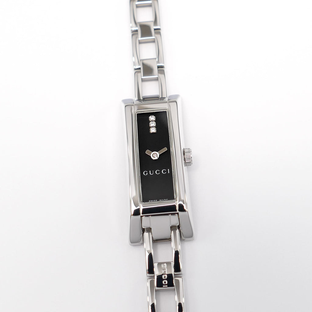Gucci G-Link 110 Ladies 3 Diamond Black Dial Watch all Stainless Steel YA110514