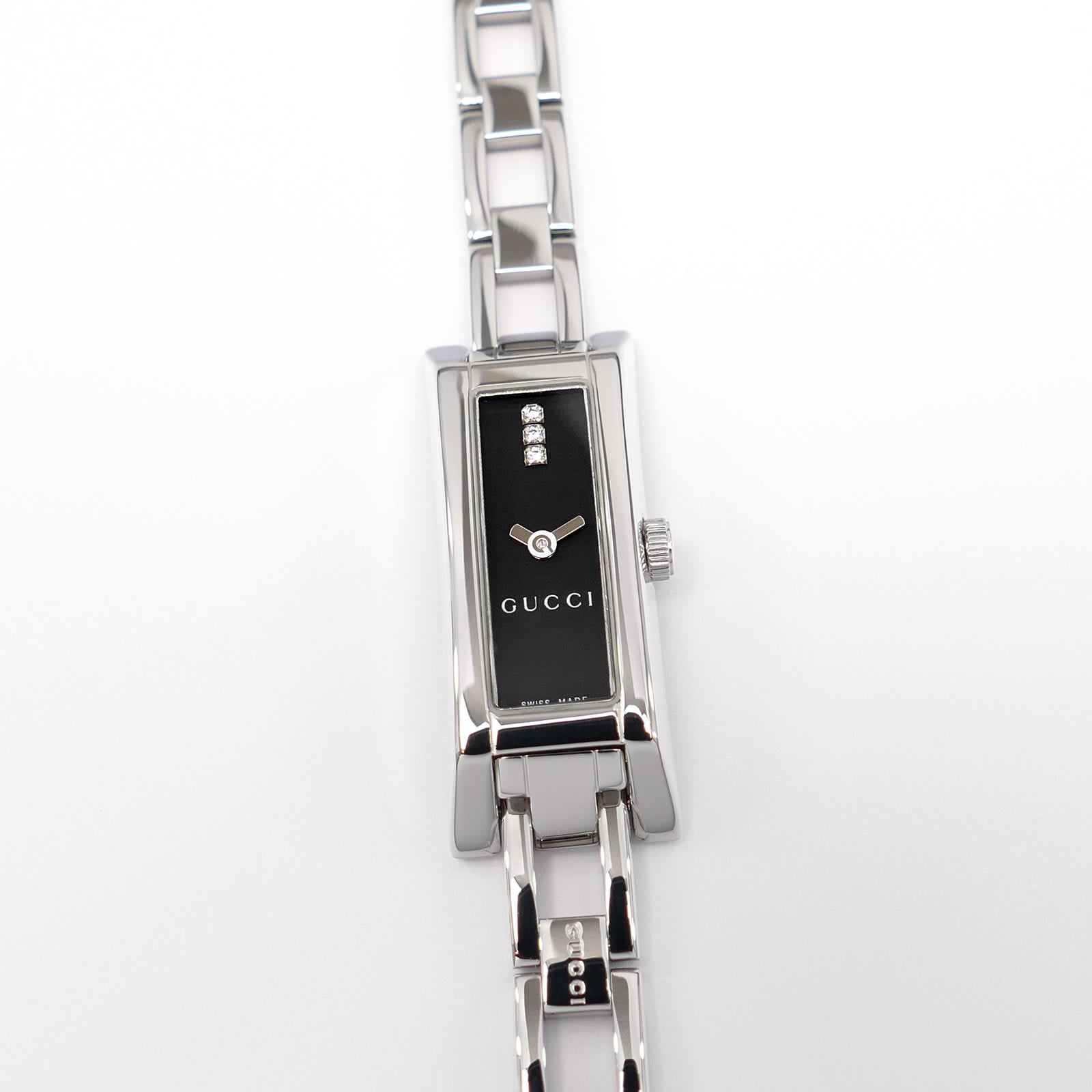 Gucci G-Link 110 Ladies 3 Diamond Black Dial Watch all Stainless Steel YA110514