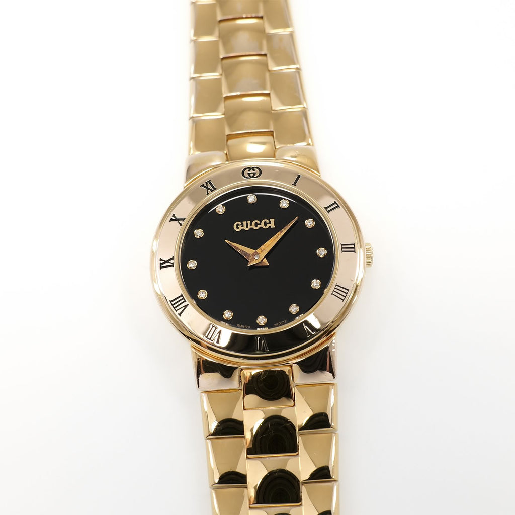 Gucci 3300L Ladies 25mm Black Dial 18k Gold Plated and Diamonds - Vintage