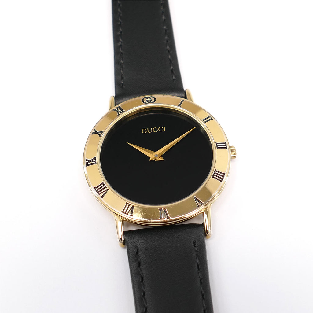 Gucci Black Dial 33mm Men's 18k Gold Plated - Roman Numeral Bezel 3000.2.M