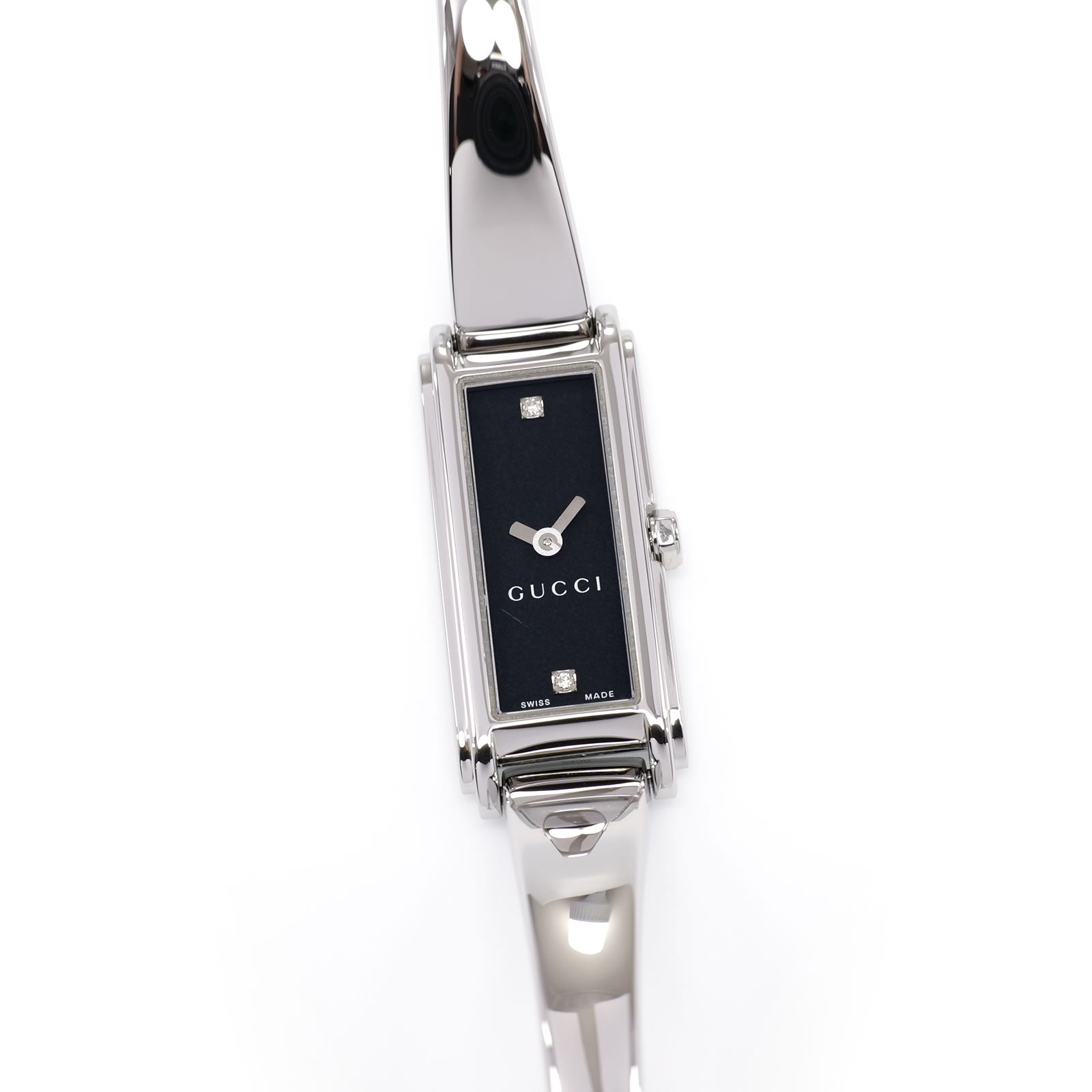 Gucci G-Line 109 Ladies 14mm Black Bangle Watch 2 Diamonds YA109518 Rectangular