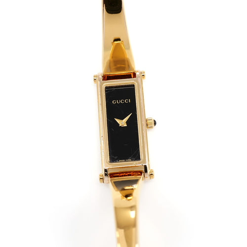 Gucci 1500L Ladies 12mm Black Rectangular Dial 18k Gold Plated 16.5cm Bangle