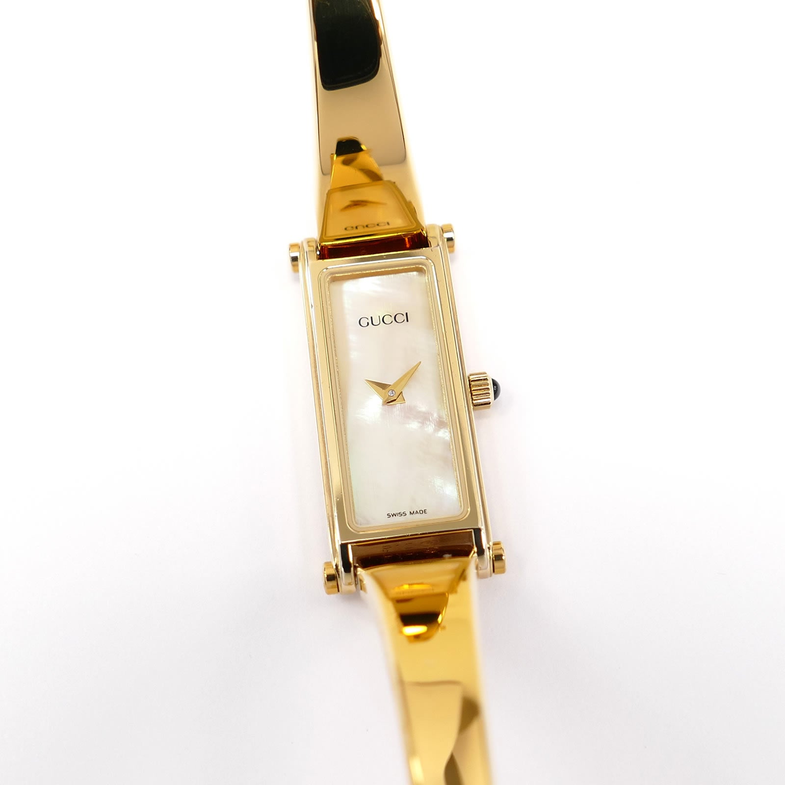 Gucci 1500L White Mother of Pearl Dial 18k Gold Plated Bangle Ladies 12mm