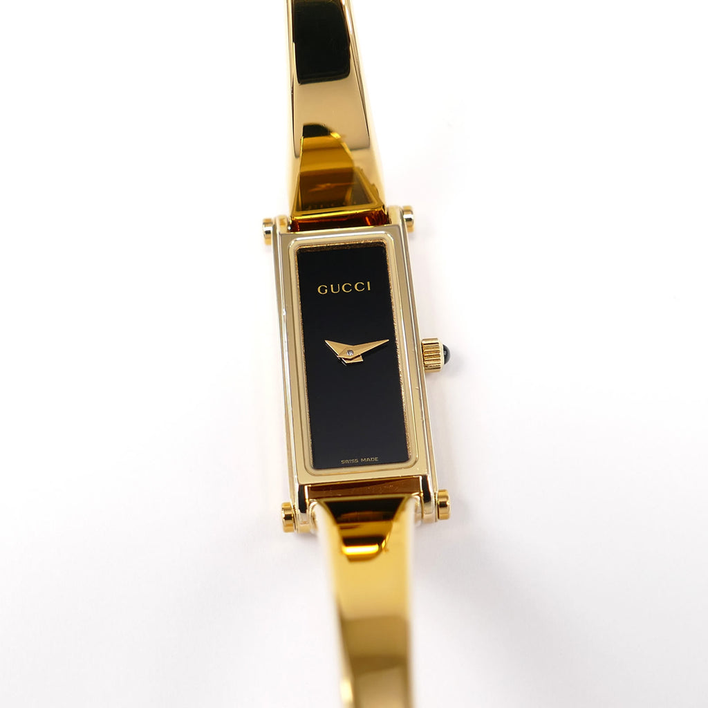 Gucci 1500L Black Dial 18k Gold Plated Bangle Ladies 12mm Rectangular Watch