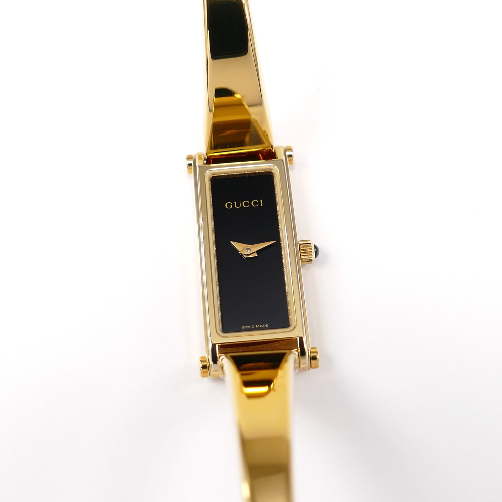 Gucci 1500L Black Dial 18k Gold Plated Bangle Ladies 12mm Rectangular Watch