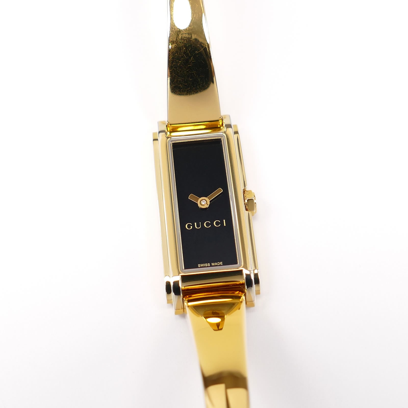 Gucci G-Line Black Sunburst Dial 18k Gold Plated Bangle YA109525 Ladies 14mm 109