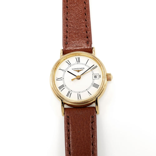 Longines Présence L4.220.2 Ladies 23mm White Roman Numeral Dial Date PVD Gold