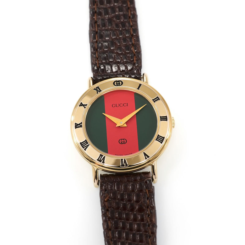 Gucci 3000L Ladies 25mm Red and Green Dial 18k Gold Plated - Roman Numeral Bezel