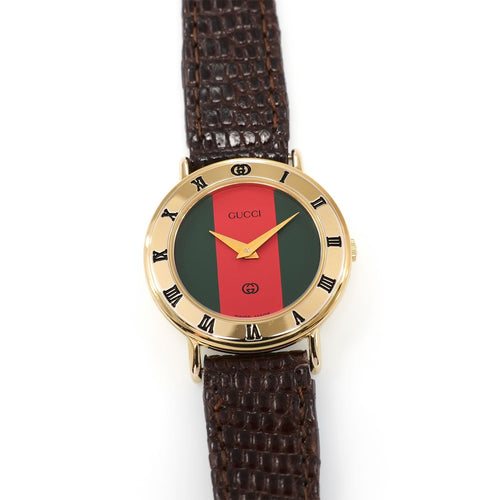 Gucci 3000L Ladies 25mm Red and Green Dial 18k Gold Plated - Roman Numeral Bezel