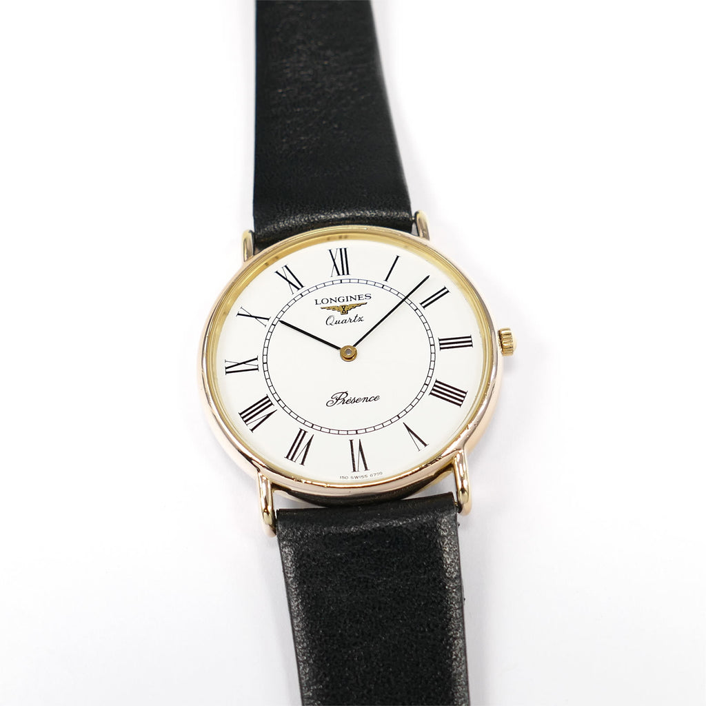 Longines Présence Men's 32mm 18k Gold Plated White Roman Numeral Dial on Leather