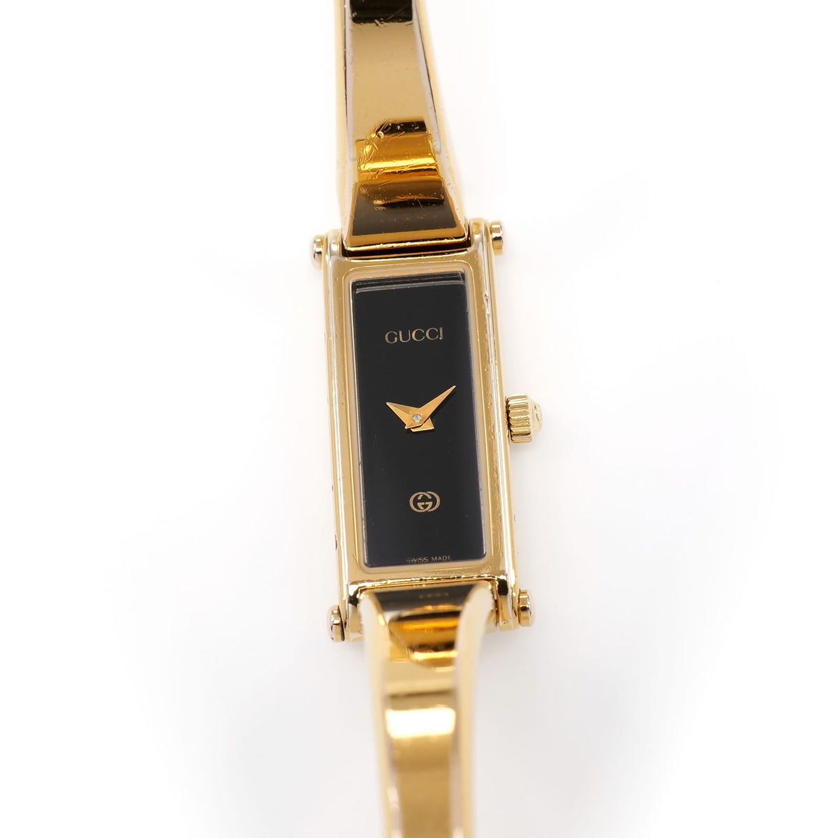 Gucci 1500L Ladies 12mm Black Rectangular Dial 18k Gold Plated 16.5cm Bangle