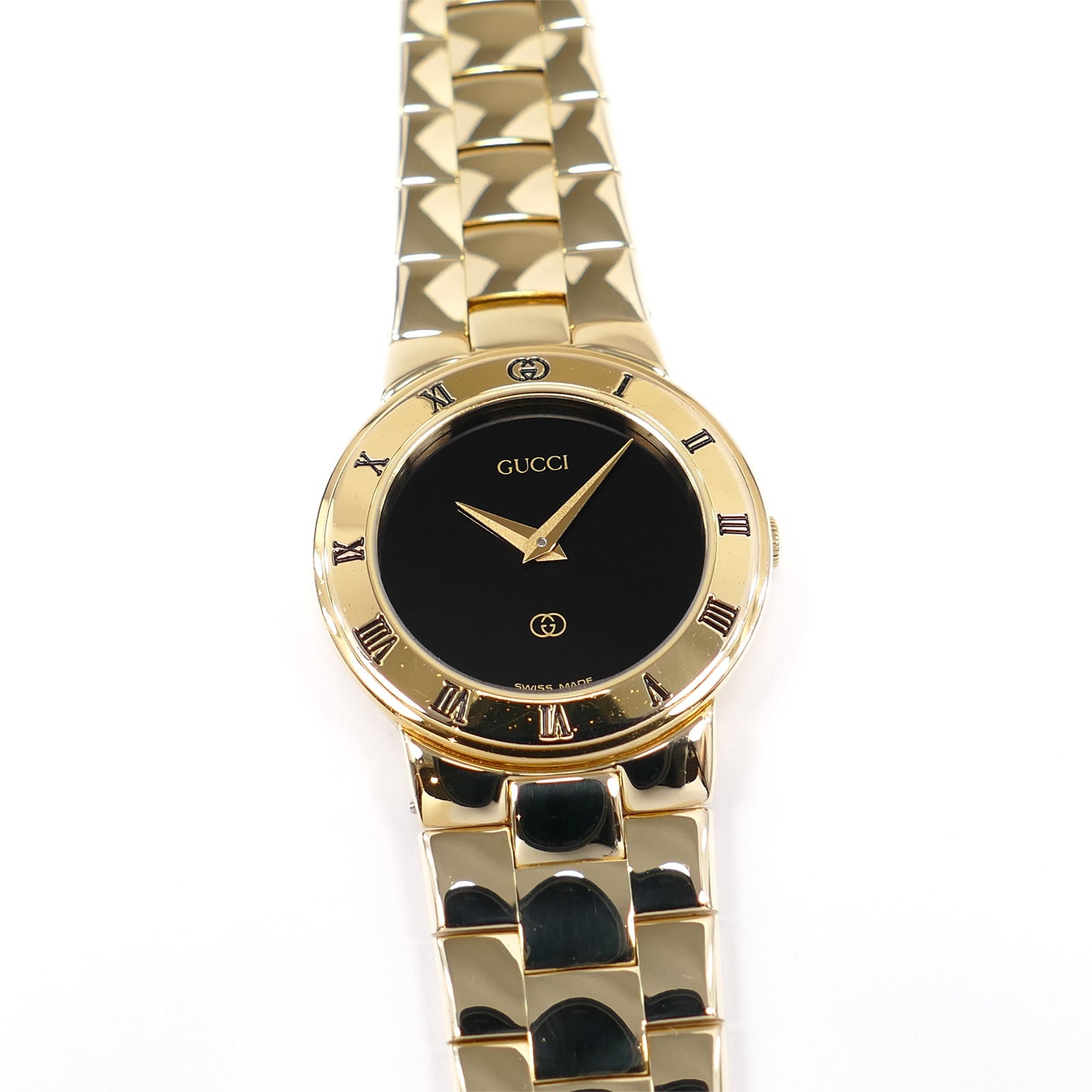 Gucci 3300L Black Dial 18k Gold Plated Ladies 25mm with Roman Numeral Bezel
