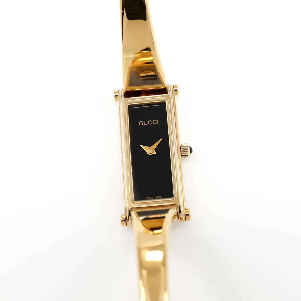 Gucci 1500L Ladies 12mm Black Dial 18k Gold Plated Bangle - Rectangular 1500