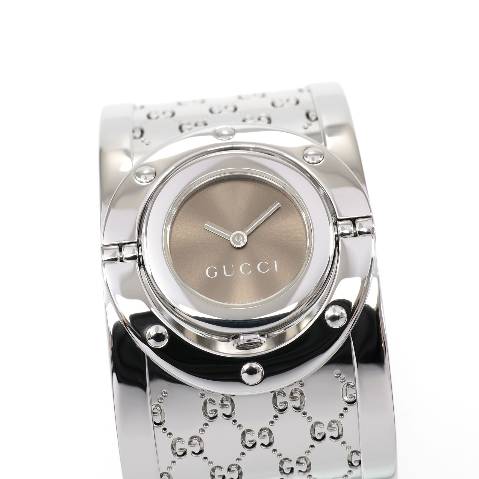 Gucci Twirl 112 Ladies 33mm Brown Sunburst Dial Wide Steel Bangle YA112401