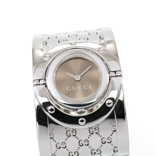 Gucci Twirl 112 Ladies 33mm Brown Sunburst Dial Wide Steel Bangle YA112401