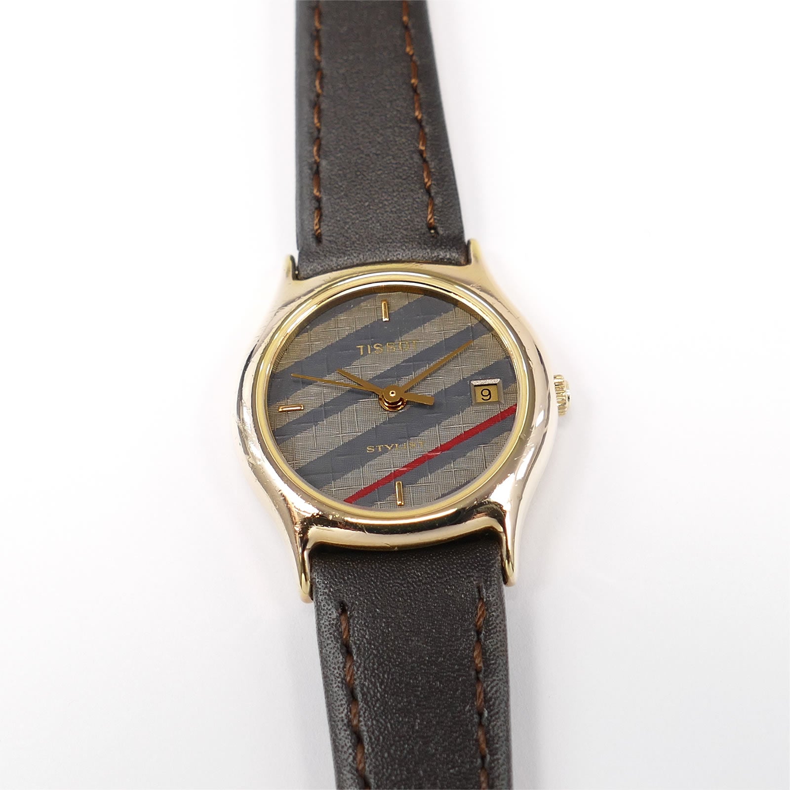 Tissot Stylist Ladies Grey / Blue Woven Dial 18k Gold Plated 23mm F304 Leather